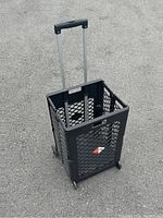 Front angled view of the folding mesh trolley, showing black plastic mesh structure, extendable handle pulled up, and four wheels.