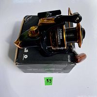 Left angle view of black and gold 6000 series spinning reel on its box with model DC6000 marking visible.