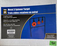 Box of Metal 3 Spinner Target showing branding and usage details, highlighting 3 gallery targets for .22 caliber air guns only.