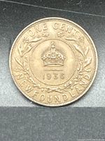 Reverse side of the 1936 Newfoundland large cent displaying denomination, date, and crown with wreath.