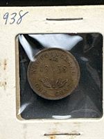 Reverse side of the coin dated 1938 with NEWFOUNDLAND and ONE CENT inscriptions, featuring a sprig of foliage.