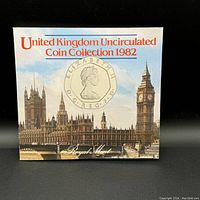Front cover of Royal Mint United Kingdom Uncirculated Coin Collection 1982 showing Big Ben and Parliament with a coin image.