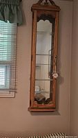 Full view of the pine curio cabinet mounted on the wall, showing the glass front door and the overall design.