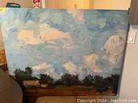 Full image of the oil painting showing the sky and land with textured brush strokes.