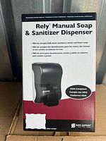 Photo of the product box showing the dispenser's name, features, capacity, ADA compliance, and manufacturer San Jamar.