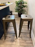 Front angle view of two steel barstools side by side near a kitchen counter and a plant.
