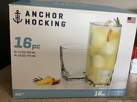 Box of Anchor Hocking 16-piece glass set with capacities and branding shown