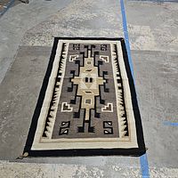 Full view of entire southwestern geometric tapestry, showing design and colors.