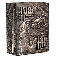 Front and side view of the ornate silver-tone metal box showing embossed winding dragon and Japanese characters