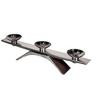 Side view of the modernist silver-plated candelabra showing three candle holders on a rectangular bar and angular base