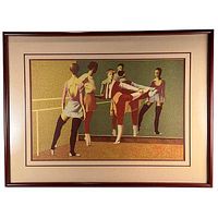 Framed 1980s lithograph with dancers at barre, visible framed image dimensions 15x23 inches