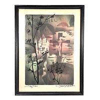 Framed 1950s airbrush and ink painting signed by Claude de Mareoulis. Black wooden frame visible with glass. Art depicts crucifix, figure, and architectural elements with silhouetted branches.