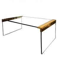 Side profile showing waterfall glass design with brass accents