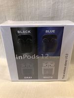 Front view of the sealed retail box displaying the four color options for the inPods 12, highlighting black.