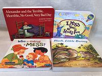 All four children's board books displayed including 'Alexander and the Terrible, Horrible, No Good, Very Bad Day', 'I Miss You, Stinky Face', 'Who is Making a Mess?', and 'Hush, Little Bunny'