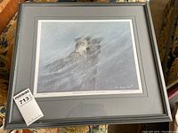 Overall image of the framed and matted 'Fight or Flight' print featuring a wolf in a misty scene