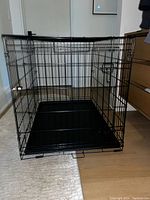 Front inside view of the large collapsible black wire dog crate showing plastic bottom liner and metal wire construction.