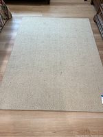 Full view of the rectangular beige rug placed on a wooden floor, showing overall condition and edges.