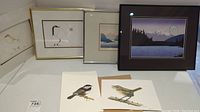 Five pieces of artwork arranged on floor including framed and unframed bird and landscape prints