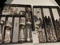 Full tray of assorted EP flatware, forks, spoons, knives, serving pieces in a Madesmart cutlery tray.
