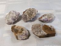 Five amethyst mineral specimens arranged on a light fabric background showing various sizes and shapes including purple crystals and natural rock matrix