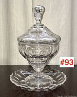 Overall view of lidded compote on pedestal with scalloped underplate
