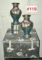 Pair of cloisonné cabinet vases displayed on the original fitted box, showing overall size and detailed coloration.