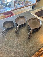 10 cast iron skillets including a small mini frying pan shown on counter with varying signs of surface wear.