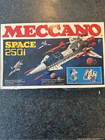 Box top showing Meccano Space 2501 kit artwork with space crafts from 1979