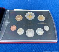 Full view of 2006 Royal Canadian Mint proof set with eight coins sealed in plastic case within leather booklet holder.
