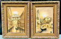 Pair of framed paintings depicting Venetian scenes, shown together