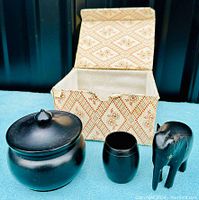 Carved ebony wood 3-piece set (jar, cup, elephant) beside the original box with lid open
