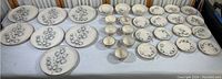 Full display of all dinnerware items on table in single row
