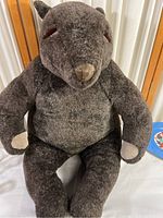 Full frontal view of the large dark brown stuffed bear with soft plush fur, sitting pose, beige nose and paw pads.