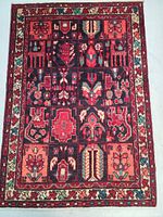 Full top view of the Bakhtiar Persian wool rug showing the tribal panel design with various floral and geometric rectangular motifs and the decorative border.