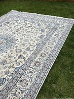 Full view of the rug laid flat on grass showing overall pattern and borders