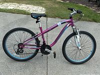Full side view of the girls Schwinn bicycle showing purple frame, wheels with blue rims, black tires, and white front suspension fork.