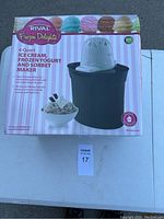 Front view of the Rival 4-quart ice cream maker box showing product image and key features.
