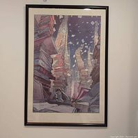 Full view of framed lithograph poster showing surreal book stacks and floating papers in muted tones.