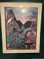 Full frontal view of large framed glass wall art print with vibrant tropical scene.