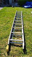 Full length view of aluminum extension ladder laid flat on grass showing yellow feet and blue rope.