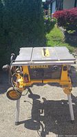 Front view of DeWalt table saw mounted on folding wheeled stand