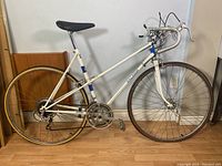 Full side view of the vintage ladies Raleigh bicycle showing the frame, wheels, saddle, and handlebars.