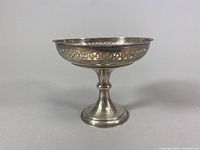 Front angle view of the sterling silver pedestal dish showing the reticulated design and pedestal base.