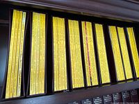 Spines of National Geographic magazines with yellow titles lined up in storage books on a shelf