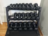 Overall view of all dumbbells on rack