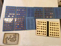 Overview of three penny albums in blue and white folders plus loose buffalo nickel tray