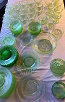 Full view of dinnerware set showing sorbet dishes, clear starburst plates, sugar bowl with lid, and candy dish.