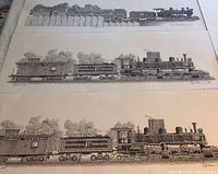 Three pencil sketches showing steam locomotives of the California Western railroad, signed by Ray Weaver with numbering on two prints.