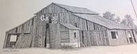 Wide view of the first barn sketch, showing the large wooden barn with detailed texture and weathering, signed and numbered 165/175 by Ray Weaver